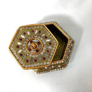 Gold-Tone Hexagonal Decorative Jewelry Box with Red & Silver Accents